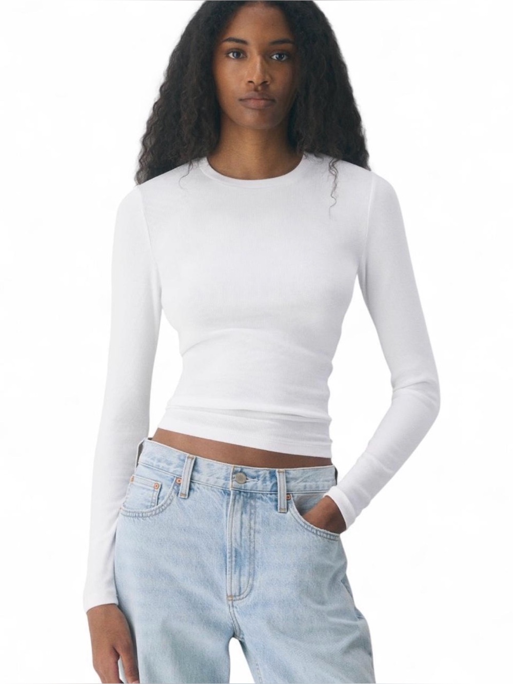 Aritzia Tna White Rib Knit Long Sleeve Shirt
